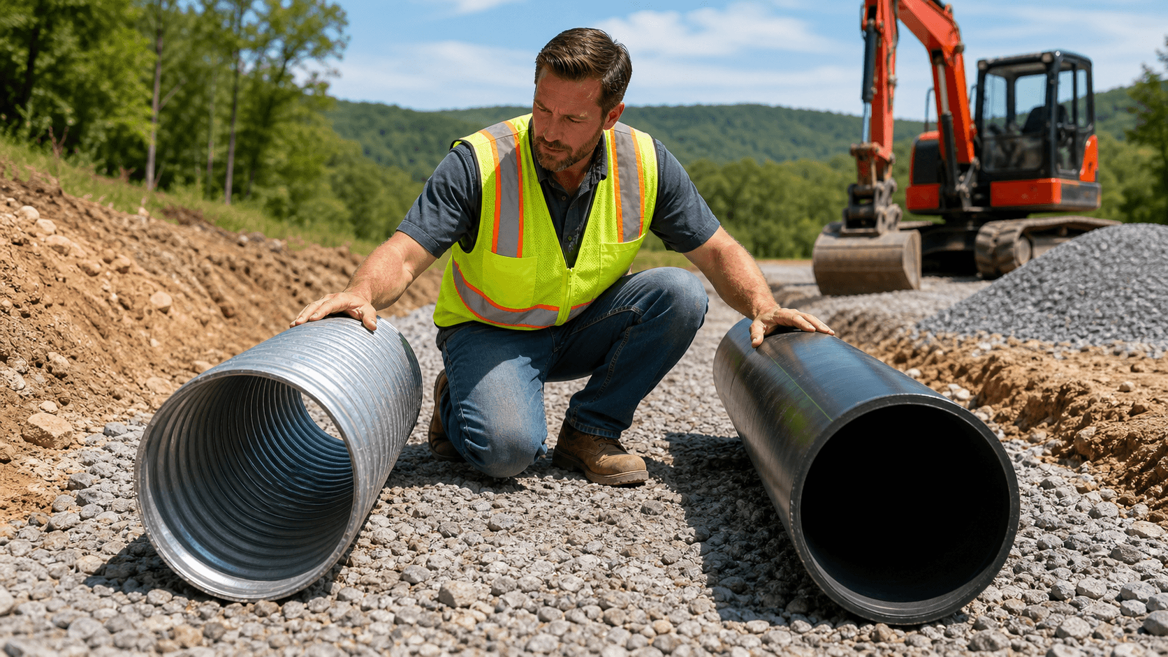 Split view of corrugated steel and black HDPE culvert pipes beside a gravel driveway under bright daylight.