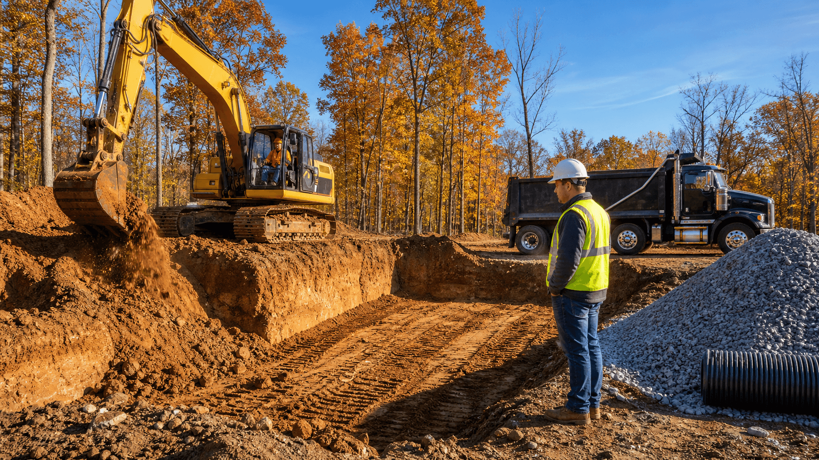 Freshly excavated foundation pit with red clay soil, concrete forms, and a cloudy autumn sky.