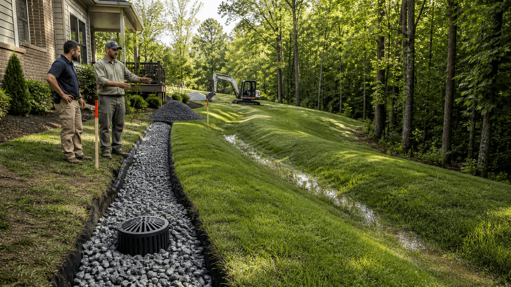 Split landscape showing a gravel French drain beside a grassy swale under a bright blue sky.