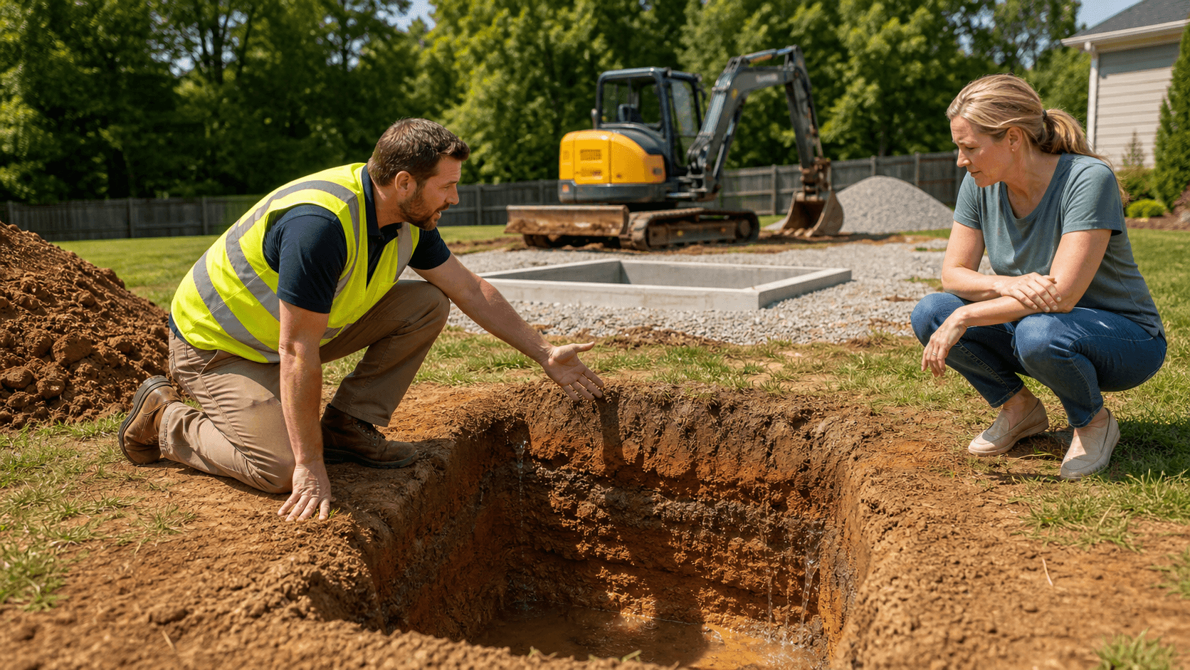 Cutaway backyard scene showing a shelter beside layered clay soil and a high blue water table.