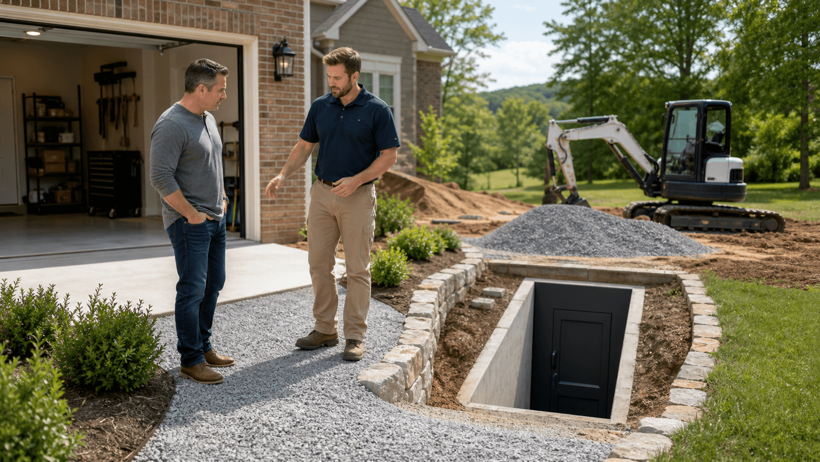 Split-level home and garage with highlighted routes leading to an underground storm shelter entrance.