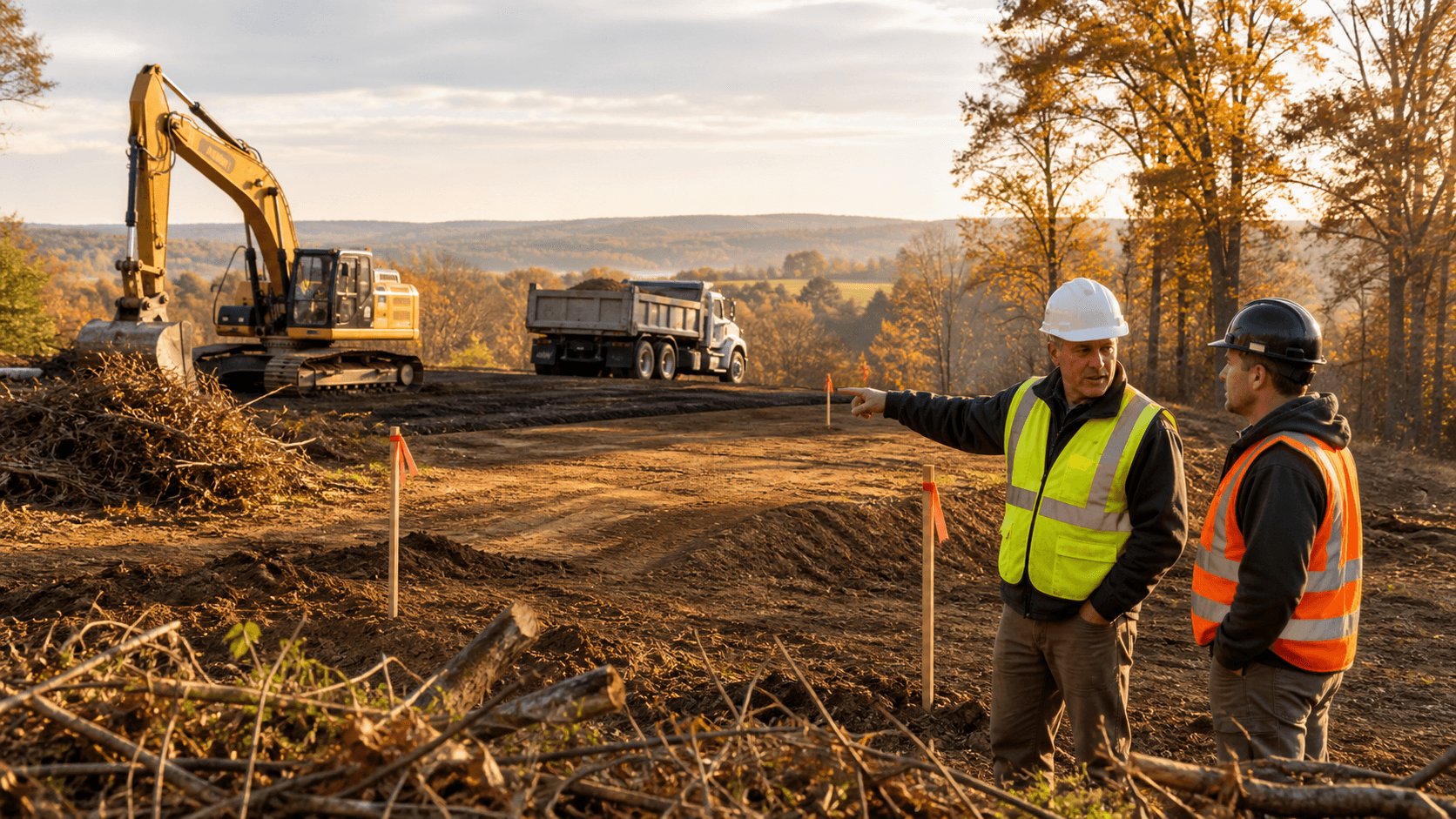 Golden-hour view of a cleared sandy lot with pine trees, brush piles, and a tractor under a blue sky.