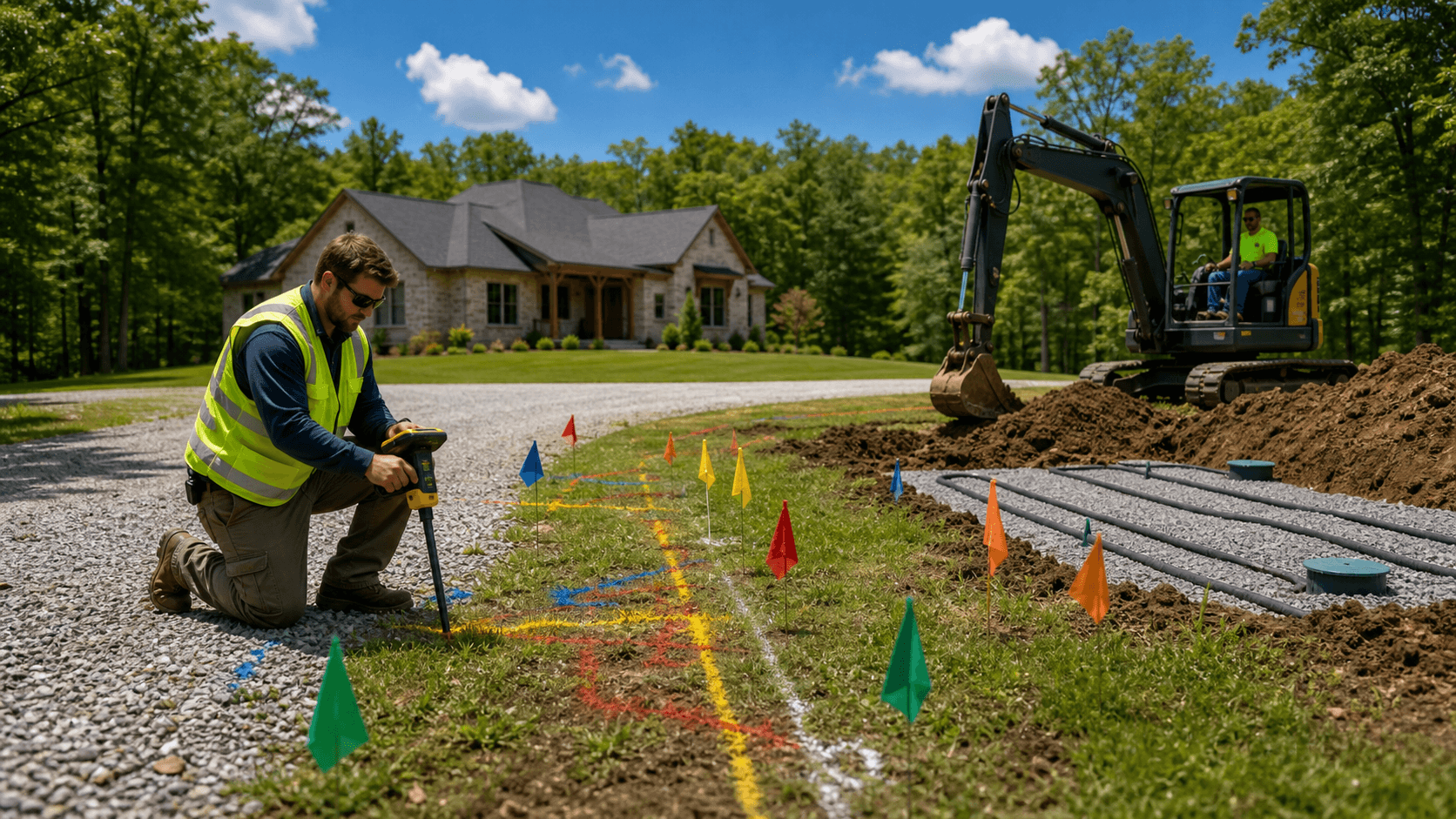 Excavator digging beside marked utility lines near a grassy yard under a clear blue sky.