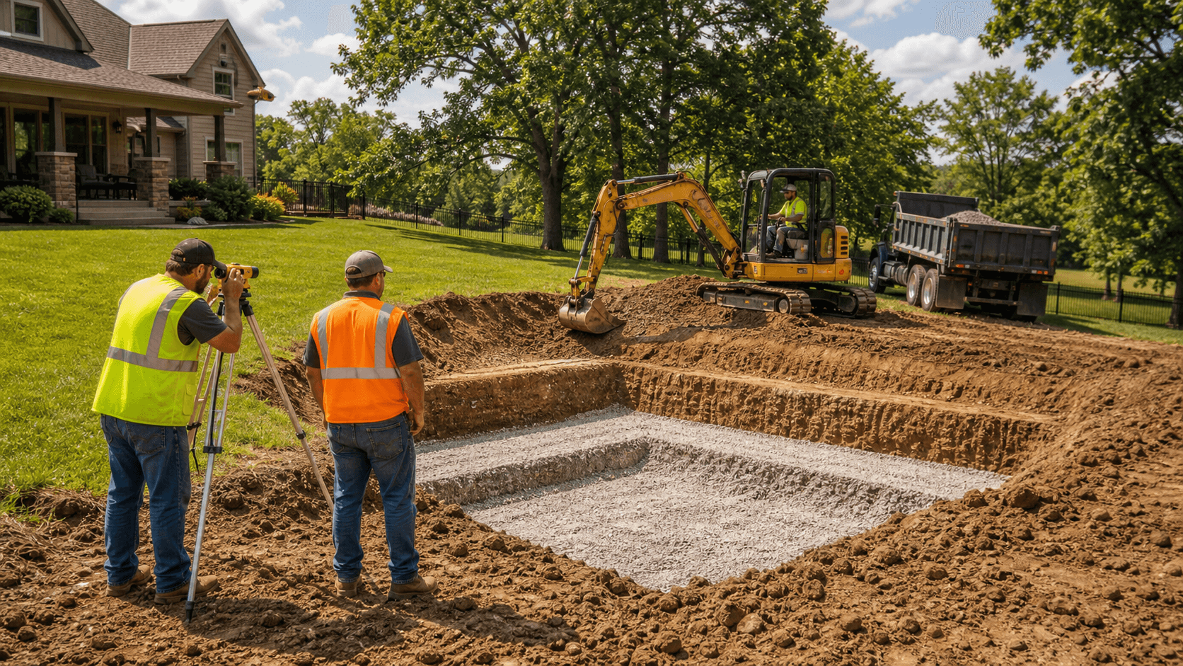 Sloped backyard with exposed soil, a compact excavator, and a partially installed concrete underground shelter.